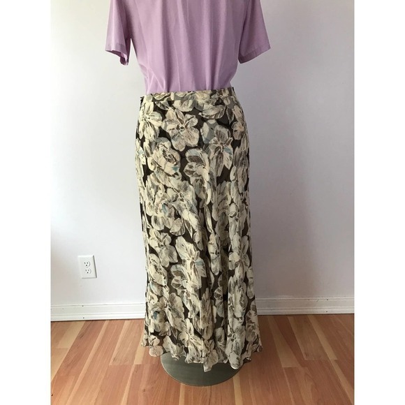 Vintage Brown Floral Midi Skirt Swishy Vintage Neutral Silk Plus Size - Picture 3 of 8